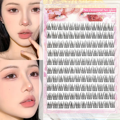 110PCS No Glue Triple Fish Tail Lashes, Self-Adhesive Design, Ultra Slim Black Stem, Natural Transparent Look,