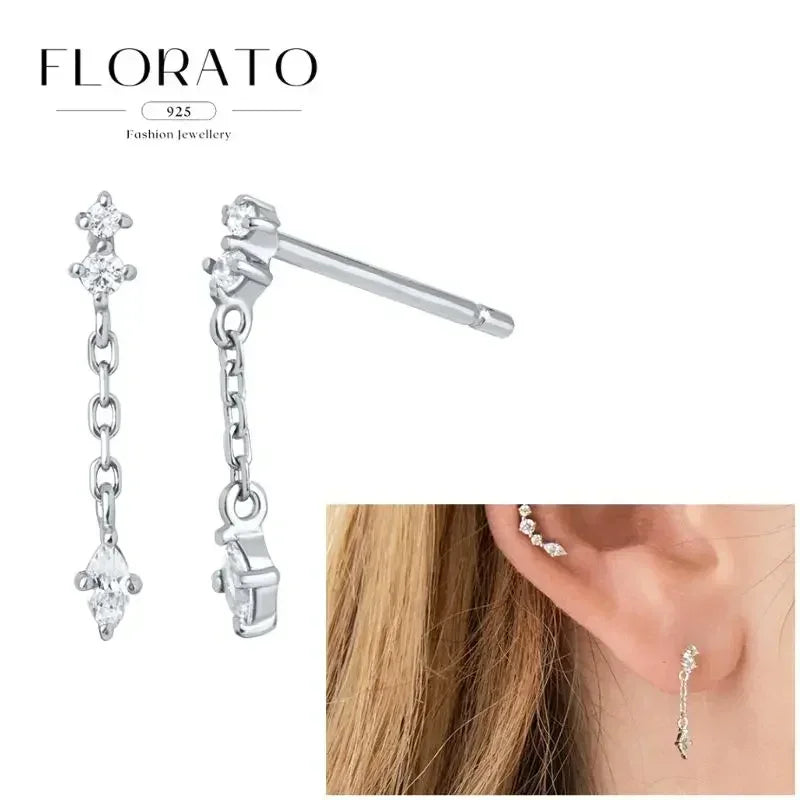 FLORATO 925 Sterling Silver Earrings Chain Tassel Pendant Earrings Zircon Silver Earrings for Women Trend Luxury Wedding Jewelry