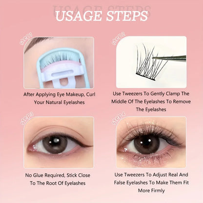 110PCS No Glue Triple Fish Tail Lashes, Self-Adhesive Design, Ultra Slim Black Stem, Natural Transparent Look,