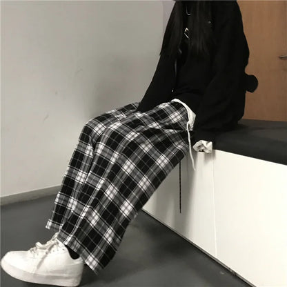 Casual sports pants, fashionable black checkered pants, loose elastic waist pocket, wide leg pants, neutral hip-hop loose pants