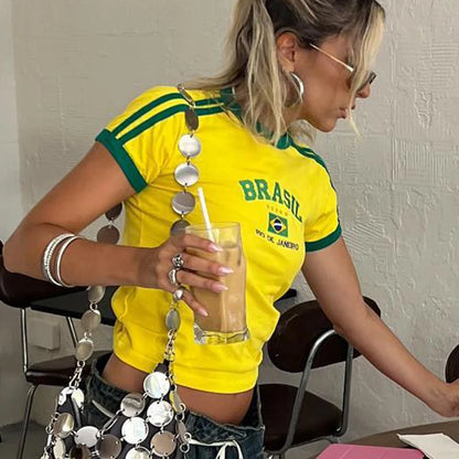 2023 Summer T-shirt For Women Brazil Letter Aesthetic 90's Crop Tops Casual Short Sleeve Tee Kpop Streetwear Vintage Y2k Clothes