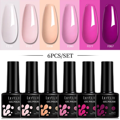 LILYCUTE 6Pcs 7ML Gel DIY Nails Polish Set Bright Pink Nail Charms Soak Off UV LED Gel Varnish Nail Art Design Accessories