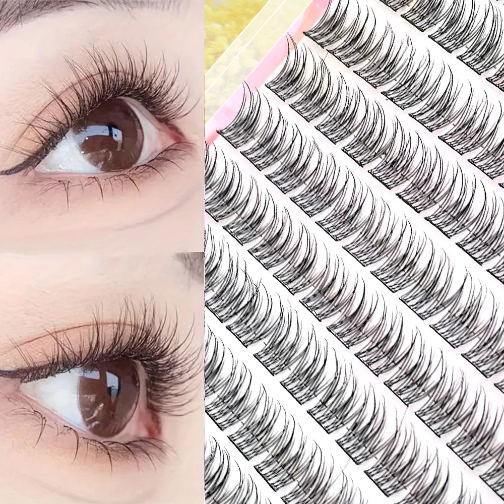 110PCS No Glue Triple Fish Tail Lashes, Self-Adhesive Design, Ultra Slim Black Stem, Natural Transparent Look,