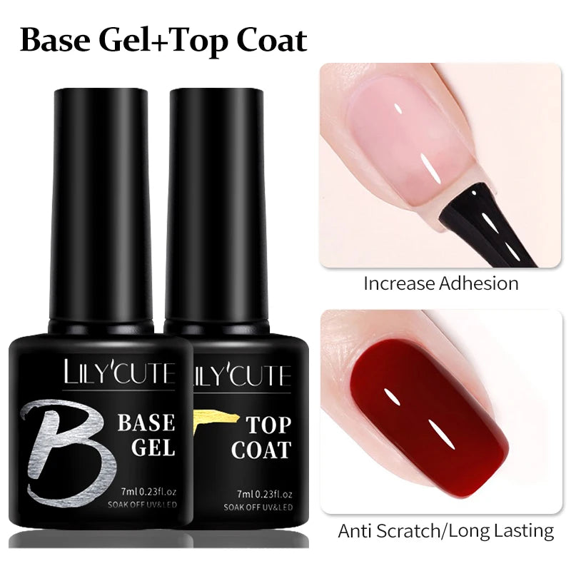 LILYCUTE 7ml Base Nowipe Top Coat Soak Off UV LED Gel Nail Polish Reinforcement Gel Semi Permanent Multifunction Gel Varnishes