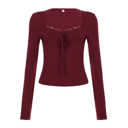 SUCHCUTE Sexy Long Sleeve Solid Patchwork Square Collar T-Shirt Women Elegant Lace Bandage Ruffles Crop Autumn Clothes 2025