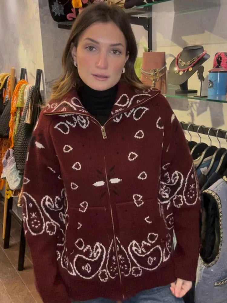 2026 Spring Loose Knit Jacquard Stand Collar Women Cardigan Zipper Full Sleeve Pockets Loose Sweater Fashion Lady Soft Knitwear