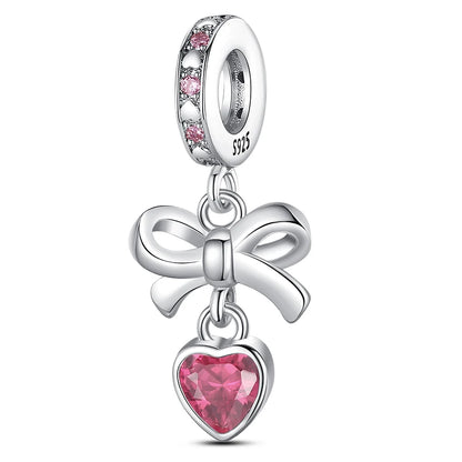 Silver Bow Charms 925 Sterling Silver Pink Heart-shaped Bow Pendants Charms Beads Fit Original S925 Bangle Bracelets DIY Jewelry