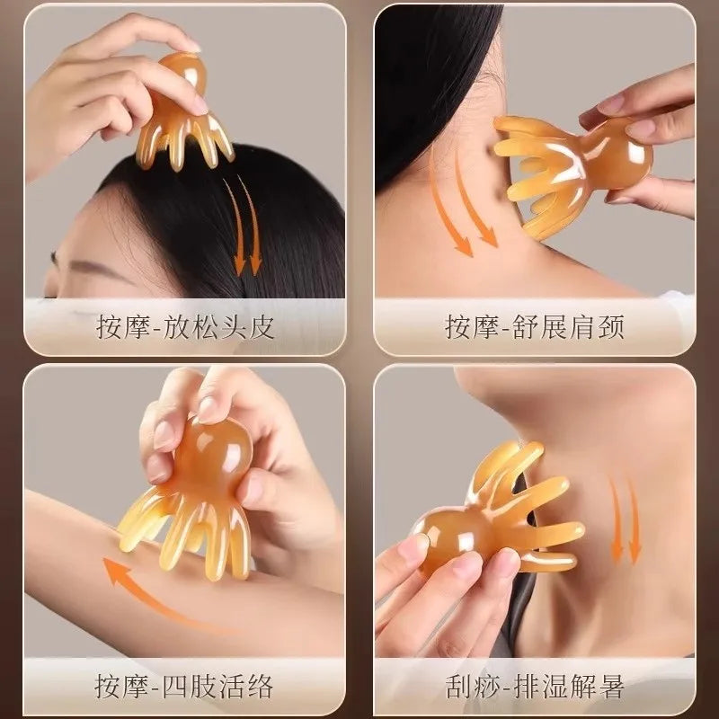 Octopus Massage Comb Resin Head Meridian Scraping Scalp Massage Brush Acupuncture SPA Gua Sha Massage Comb for Fatigue Relief