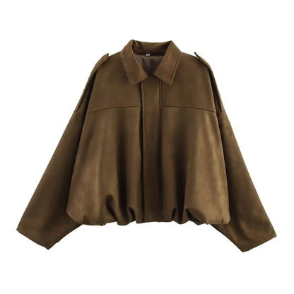 TFMLN Women Suede Bomber Jacket Spring New Fashion Long Sleeve Zipper Oversize Solid Bomber Coat Chic Lady 2025 Streetwear