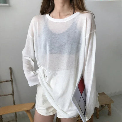 Sheer T-shirts Women Loose Korean Fashion Summer Sun-proof Leisure Clean Fit All-match Long Sleeve Breathable Lazy Ulzzang 2XL
