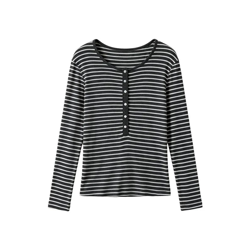 Silk Wool Basic Shirt For Women Autumn Winter Round Button Neck Slim Knitwear, Solid Color Striped Long Sleeve Top