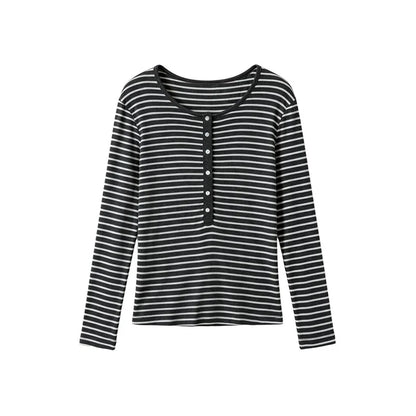 Silk Wool Basic Shirt For Women Autumn Winter Round Button Neck Slim Knitwear, Solid Color Striped Long Sleeve Top