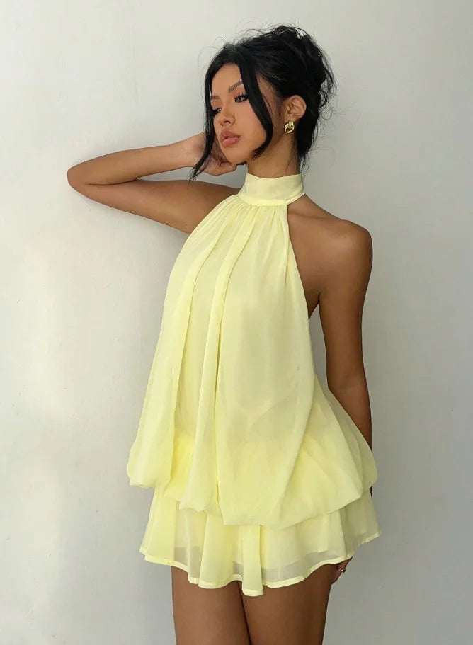 Women's Vacation Slim Fit Fashion Sexy Backless Halter Tie Waist Versatile Solid Color Dress, Stylish and Comfortable Summer