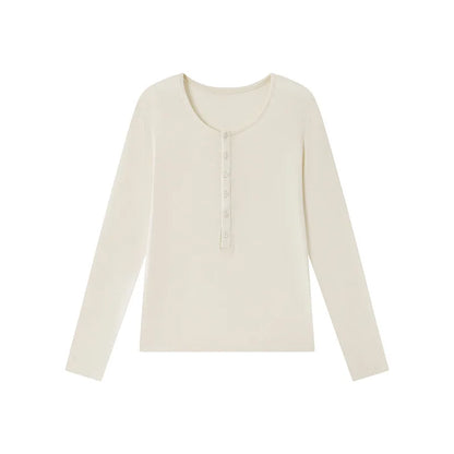 Silk Wool Basic Shirt For Women Autumn Winter Round Button Neck Slim Knitwear, Solid Color Striped Long Sleeve Top