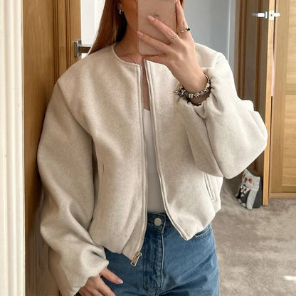 HXAO Women's Bomber Jacket Retro O Neck Soft Cropped Jacket Elastic Hem Zipper Woman Short Coats Female Outerwears 2025 Spring