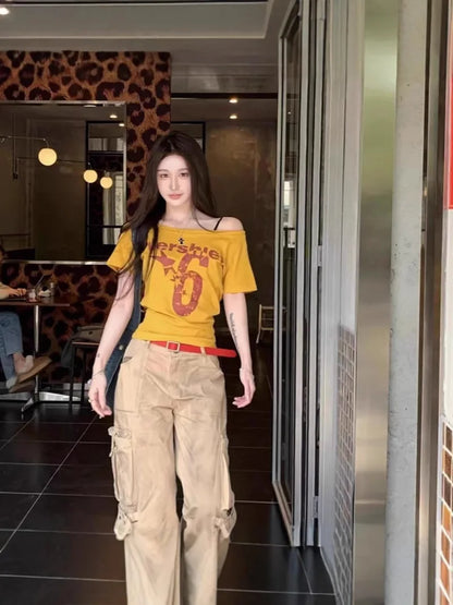 Y2k Sport Summer Off Shoulder Top Women Sexy Vintage 2000s Short Sleeve T Shirt Lady Body Basic Crop Top Female Casual