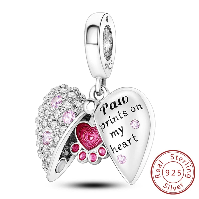 Charms 925 Sterling Silver Dog Cat Paw Print Love Pets Charms Beads Fit Original Bracelets Necklaces Pendant Women DIY Jewelry