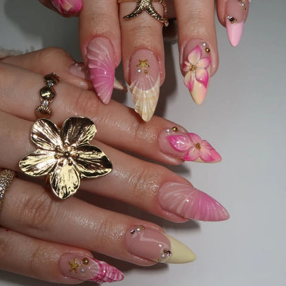 24pcs wearable false nail kit, randomly shipped; almond-shaped pearl starlight false nails; artistic flower press-on nails.