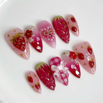 24pcs wearable false nail kit, randomly shipped; almond-shaped pearl starlight false nails; artistic flower press-on nails.