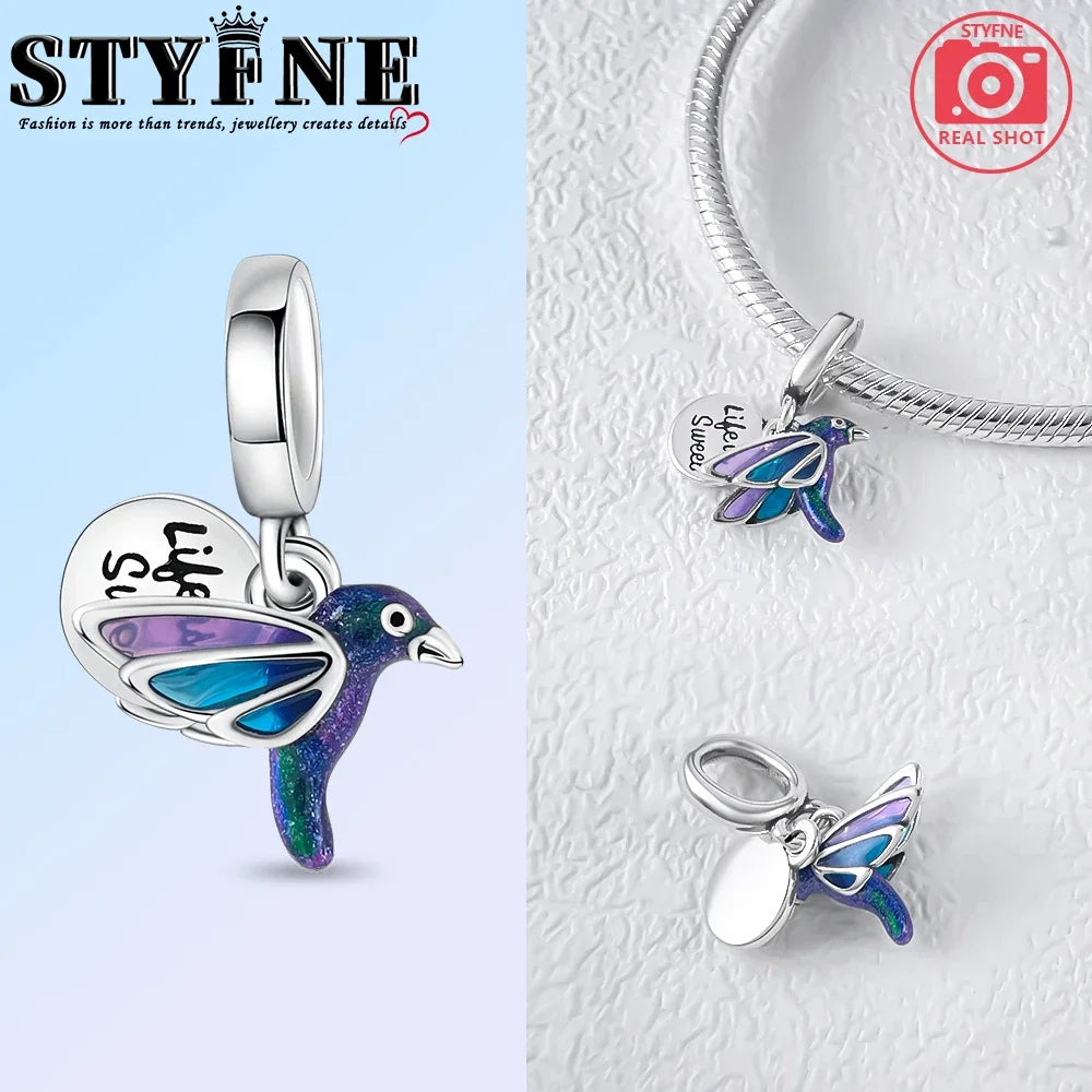 925 Sterling Silver Rainbow Woodpecker Animal Pendant with Elephant Bead for DIY Bracelet Making Birthday Gift Idea