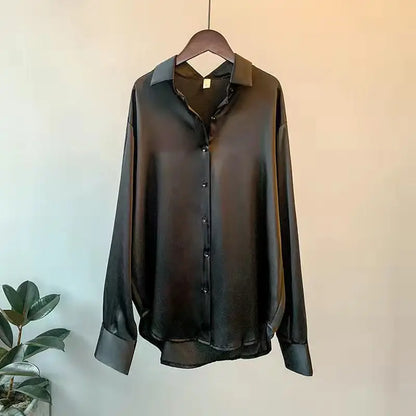 Satin Finish Long Sleeve Shirts Tops Fashion Women Single Breasted Lapel New Blouses Casual Office Lady Commute French Outwear
