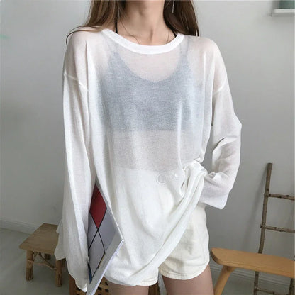 Sheer T-shirts Women Loose Korean Fashion Summer Sun-proof Leisure Clean Fit All-match Long Sleeve Breathable Lazy Ulzzang 2XL