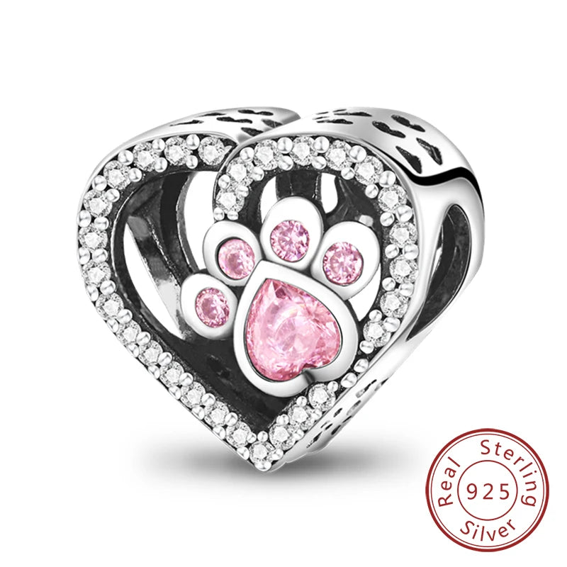 Charms 925 Sterling Silver Dog Cat Paw Print Love Pets Charms Beads Fit Original Bracelets Necklaces Pendant Women DIY Jewelry