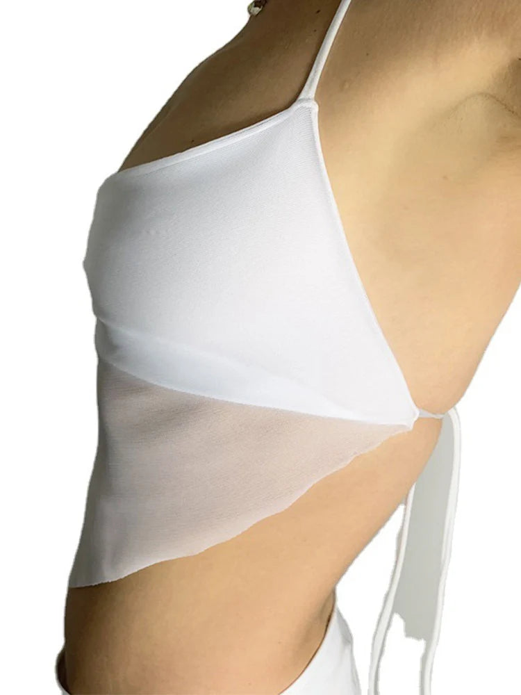 Sexy Transparent y2k Mesh Halter Tops Women V-neck Backless Korean Solid Crop Tops Fashion Korean Camisole 90s Tee