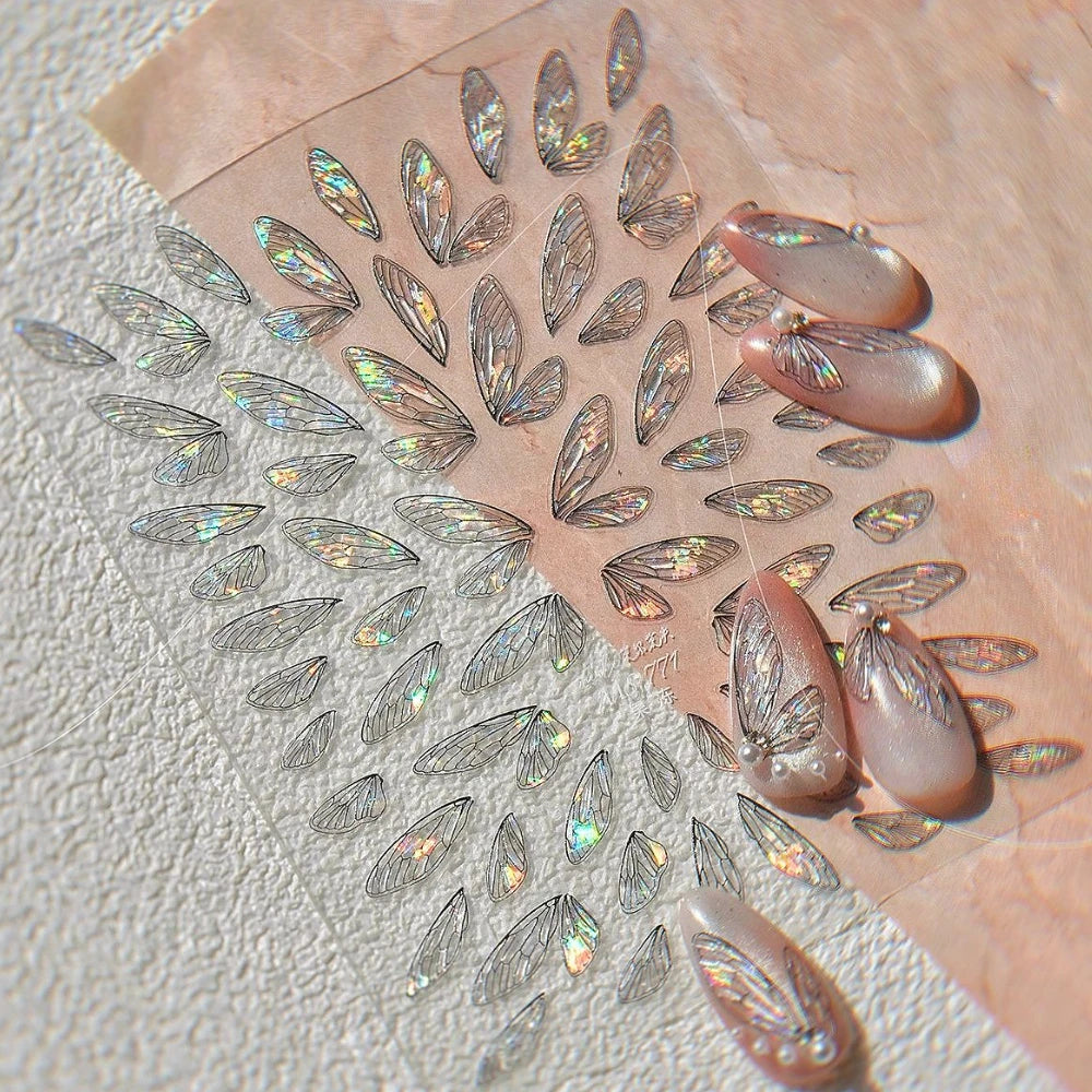Shiny Laser Black Translucent Butterfly Dragonfly Insects Wings 3D Jelly Nail Art Sticker Angel Pearl Rhinestone Manicure Decals