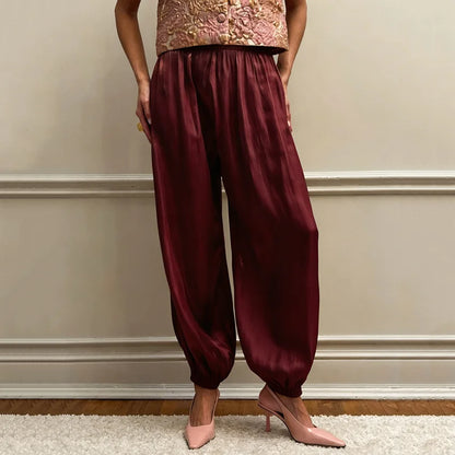 Linad Elegant Pink Crepe Loose Bloomers For Woman Street Chic Pleated Trousers Female Autumn Vintage High Waist Long Pants 2025