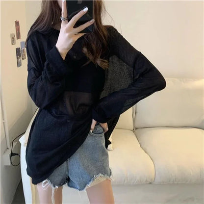 Sheer T-shirts Women Loose Korean Fashion Summer Sun-proof Leisure Clean Fit All-match Long Sleeve Breathable Lazy Ulzzang 2XL