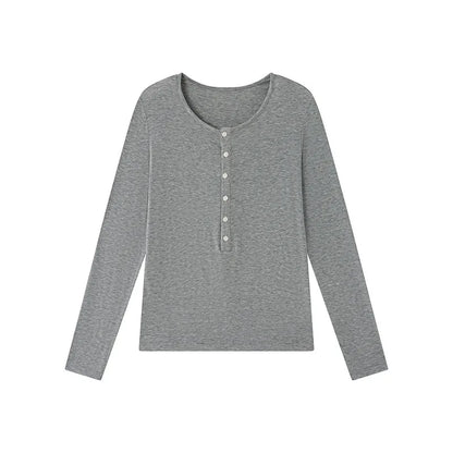 Silk Wool Basic Shirt For Women Autumn Winter Round Button Neck Slim Knitwear, Solid Color Striped Long Sleeve Top