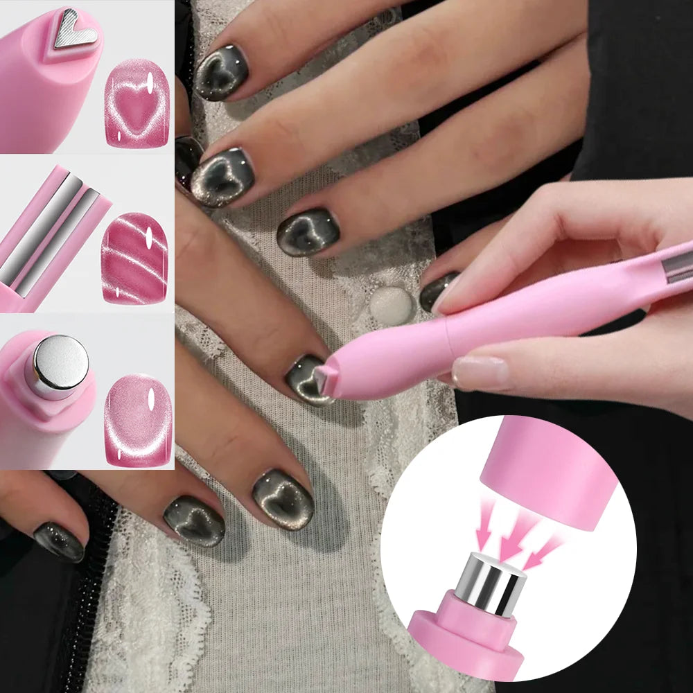 1Pcs 3-In-1 Heart Shape Cat Eye Nail Art Magnet Double Line Moon Snake French Magnet Pen for Magnetic Gel Polish Manicure Tools