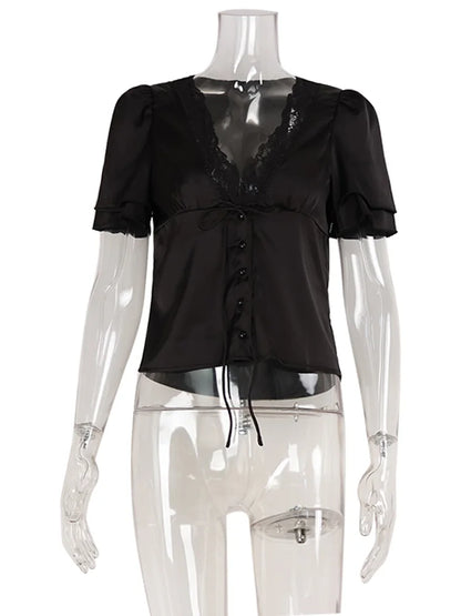 Ahagaga Causal Women Tops Solid Lace -Neck Short Sleeves Satin Slim Button Regular Eelgant Streetwear Tees Female Basic T Shirts