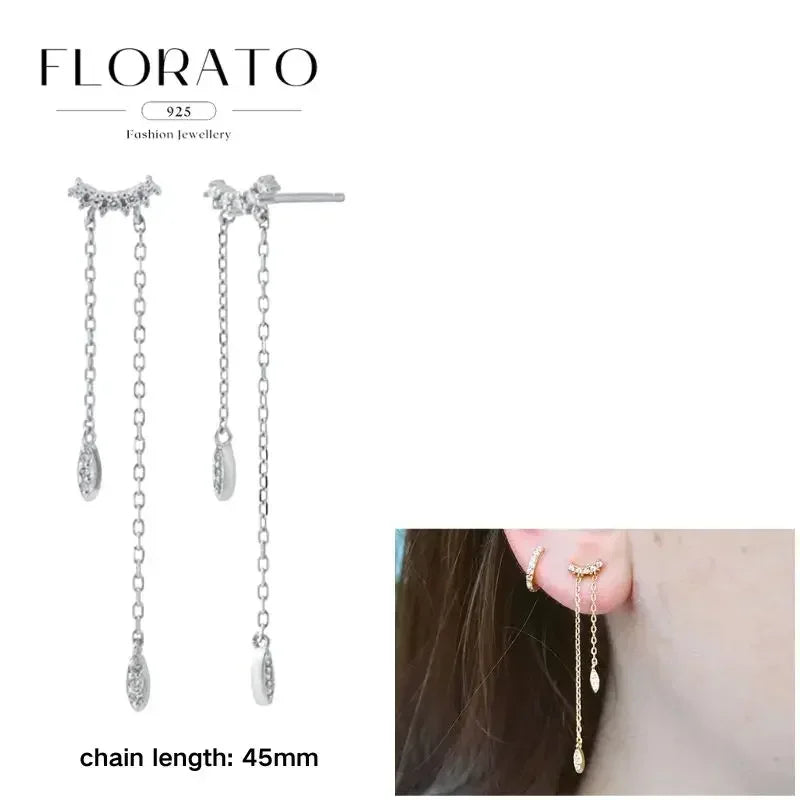 FLORATO 925 Sterling Silver Earrings Chain Tassel Pendant Earrings Zircon Silver Earrings for Women Trend Luxury Wedding Jewelry