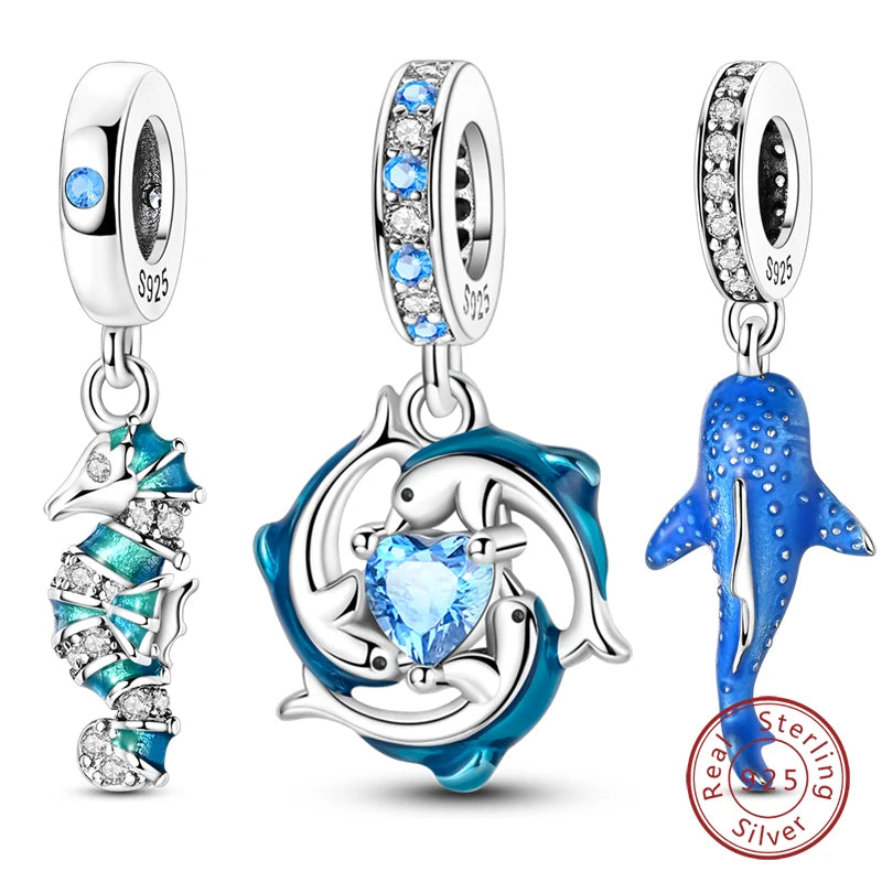 Fit Original 925 Sterling Silver Charms Beads Blue Luminous Whale Shark Seahorse Dolphin Charms For Women Fine DIY Jewelry Gifts