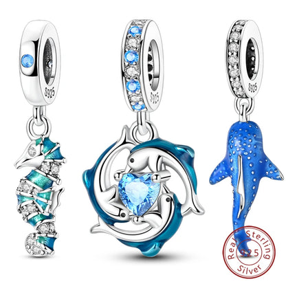 Fit Original 925 Sterling Silver Charms Beads Blue Luminous Whale Shark Seahorse Dolphin Charms For Women Fine DIY Jewelry Gifts