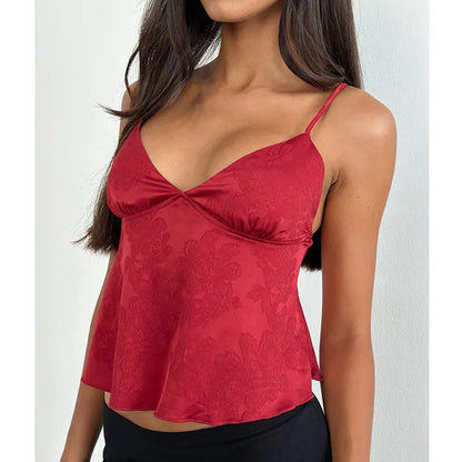 Women Satin Camisole Sexy Crop Top Fashion Streetwear Camis Summer Loose Casual Tanks Summer Blouse Spaghetti Backless Top