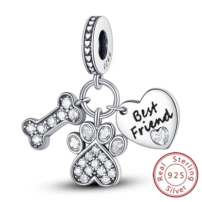 Charms 925 Sterling Silver Dog Cat Paw Print Love Pets Charms Beads Fit Original Bracelets Necklaces Pendant Women DIY Jewelry