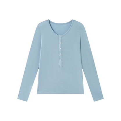 Silk Wool Basic Shirt For Women Autumn Winter Round Button Neck Slim Knitwear, Solid Color Striped Long Sleeve Top