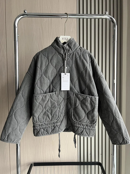Women's Polyester Padded Jacket 2026New Arrival Vintage Lenzing Rayon High Collar Large Pocket Decorative Quilted Coat for Women