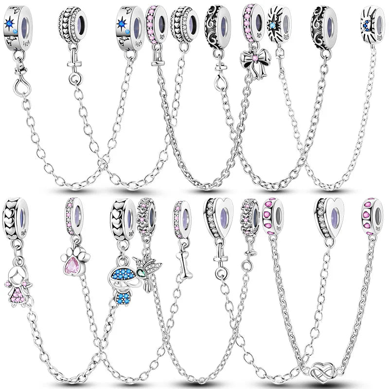 Safety Chain Charms Fit Original 925 Sterling Silver Charms Beads Moon Star Butterfly Heart Safety Chain For Women Jewelry Gifts
