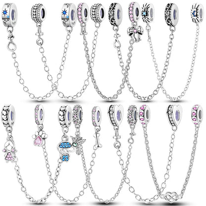 Safety Chain Charms Fit Original 925 Sterling Silver Charms Beads Moon Star Butterfly Heart Safety Chain For Women Jewelry Gifts