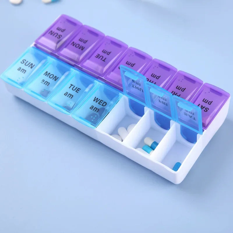 Portable Travel Pocket Size Weekly 14 Grids Pill Organizer Medicine Storage Container For Vitamin Tablets Daily Supplement Accessory