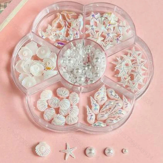 1 Box of Y2K Summer Ocean Series Nail Accessories 3D Aurora Shell Conch White Imitation Pearl Nail Accessories DIY Nail Supplies