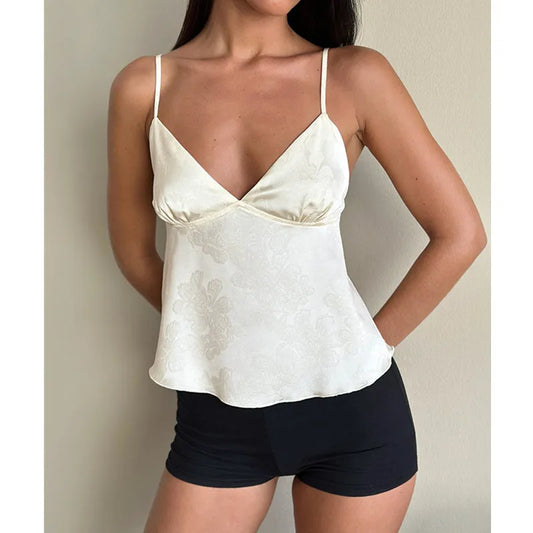 Women Satin Camisole Sexy Crop Top Fashion Streetwear Camis Summer Loose Casual Tanks Summer Blouse Spaghetti Backless Top