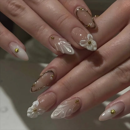 24pcs wearable false nail kit, randomly shipped; almond-shaped pearl starlight false nails; artistic flower press-on nails.