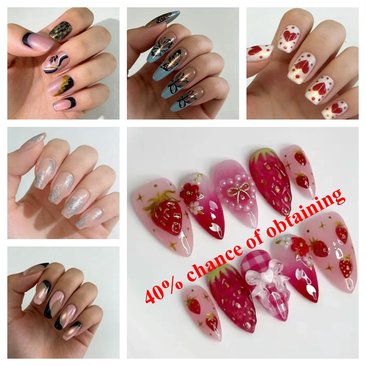 24pcs wearable false nail kit, randomly shipped; almond-shaped pearl starlight false nails; artistic flower press-on nails.