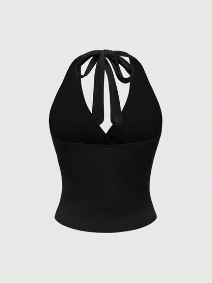 Solid V-neck Backless Halter Crop Top for Women Summer Sexy Y2K Sleeveless Ruched Top Streetwear