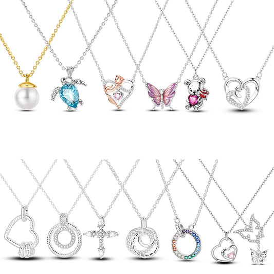 Original 925 Sterling Silver Necklace For Women Pearl Cross Butterfly Turtle Heart Shape Women Necklace Jewelry Gift